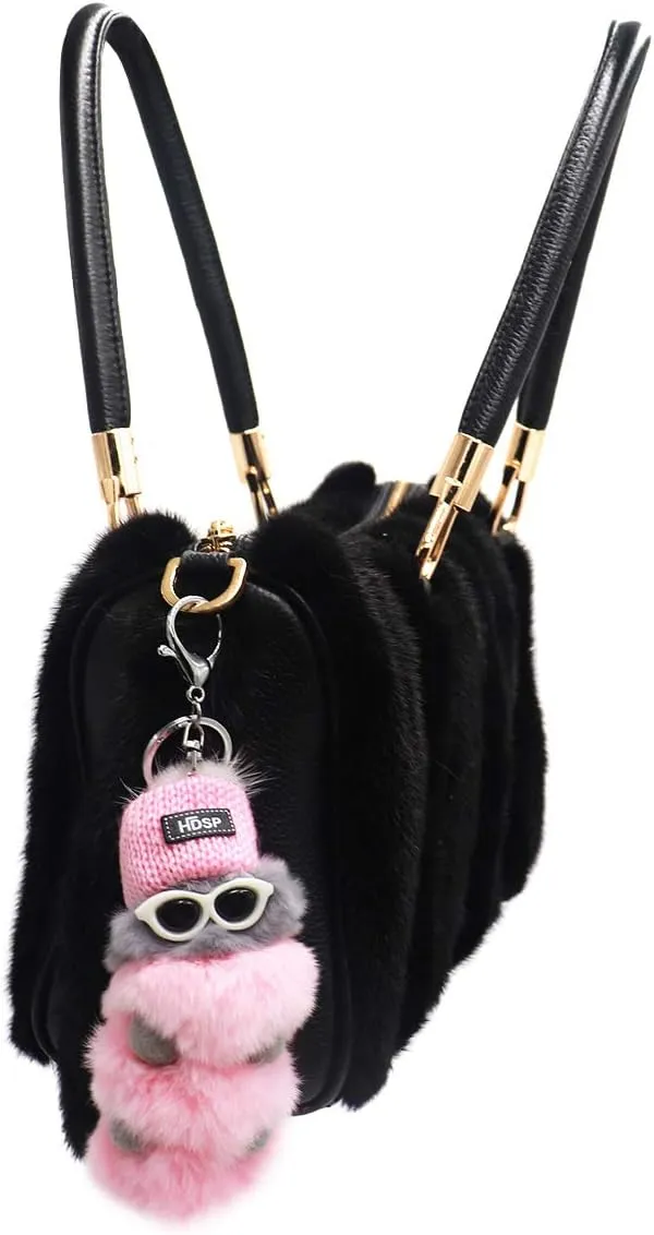 surell Genuine Rex Rabbit Fur Pom Caterpillar Keychain with Sunglasses and Winter Knit Hat - Insect Bag Beach Purse Charm