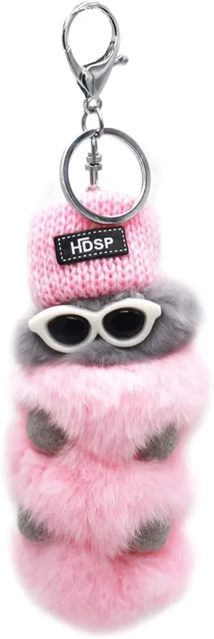 surell Genuine Rex Rabbit Fur Pom Caterpillar Keychain with Sunglasses and Winter Knit Hat - Insect Bag Beach Purse Charm