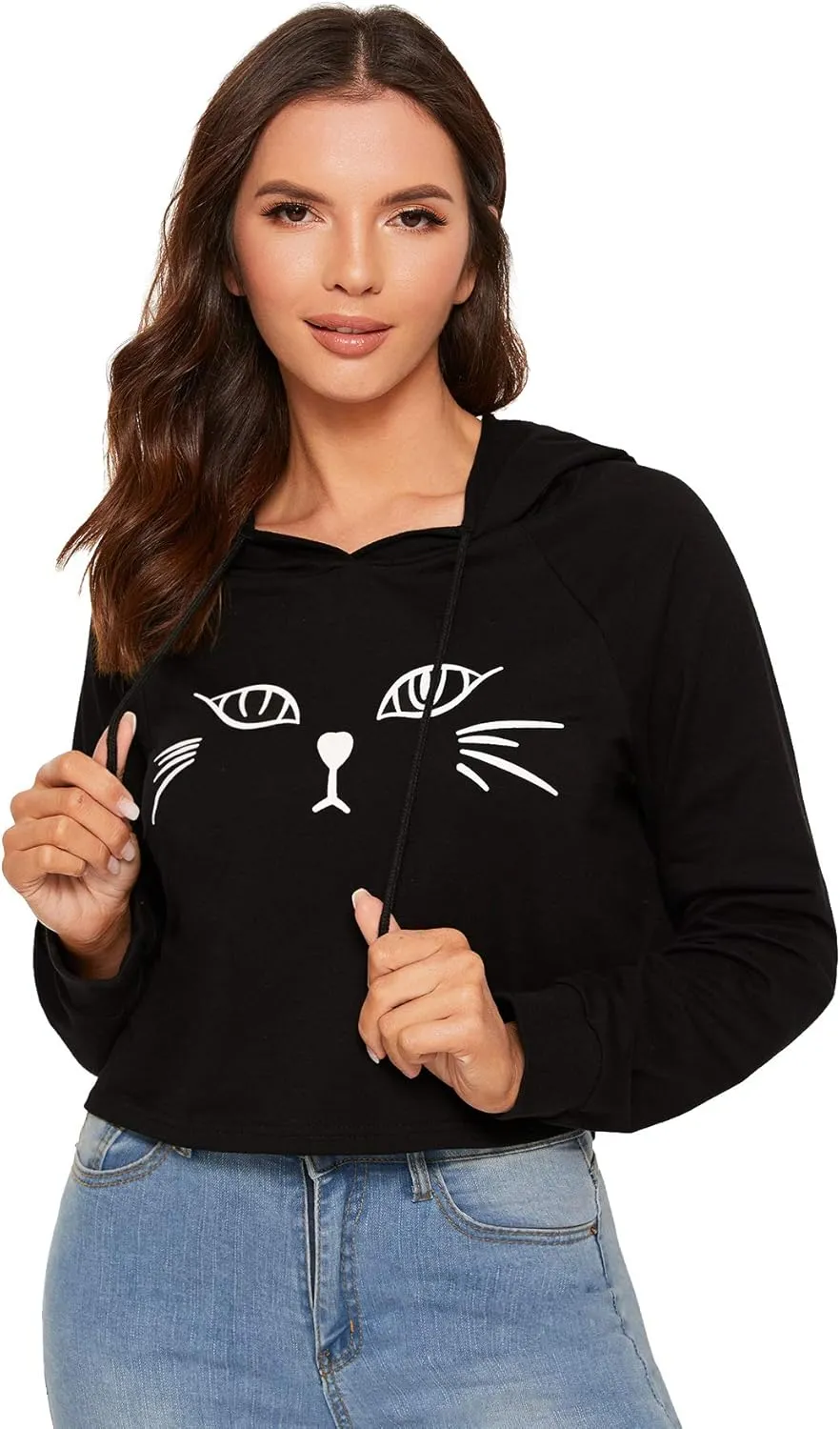 SweatyRocks Women's Long Sleeve Hoodie Crop Top Cat Print Sweatshirt