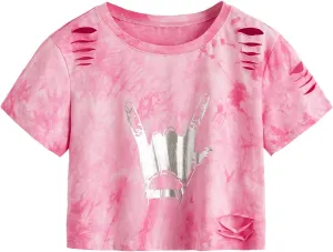 SweatyRocks Women's Short Sleeve T Shirt Graphic Print Distressed Crop Top