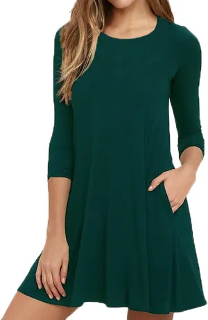 VIISHOW Womens Round Neck 3/4 Sleeves A-line Casual Tshirt Dress with Pocket