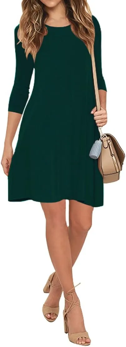 VIISHOW Womens Round Neck 3/4 Sleeves A-line Casual Tshirt Dress with Pocket