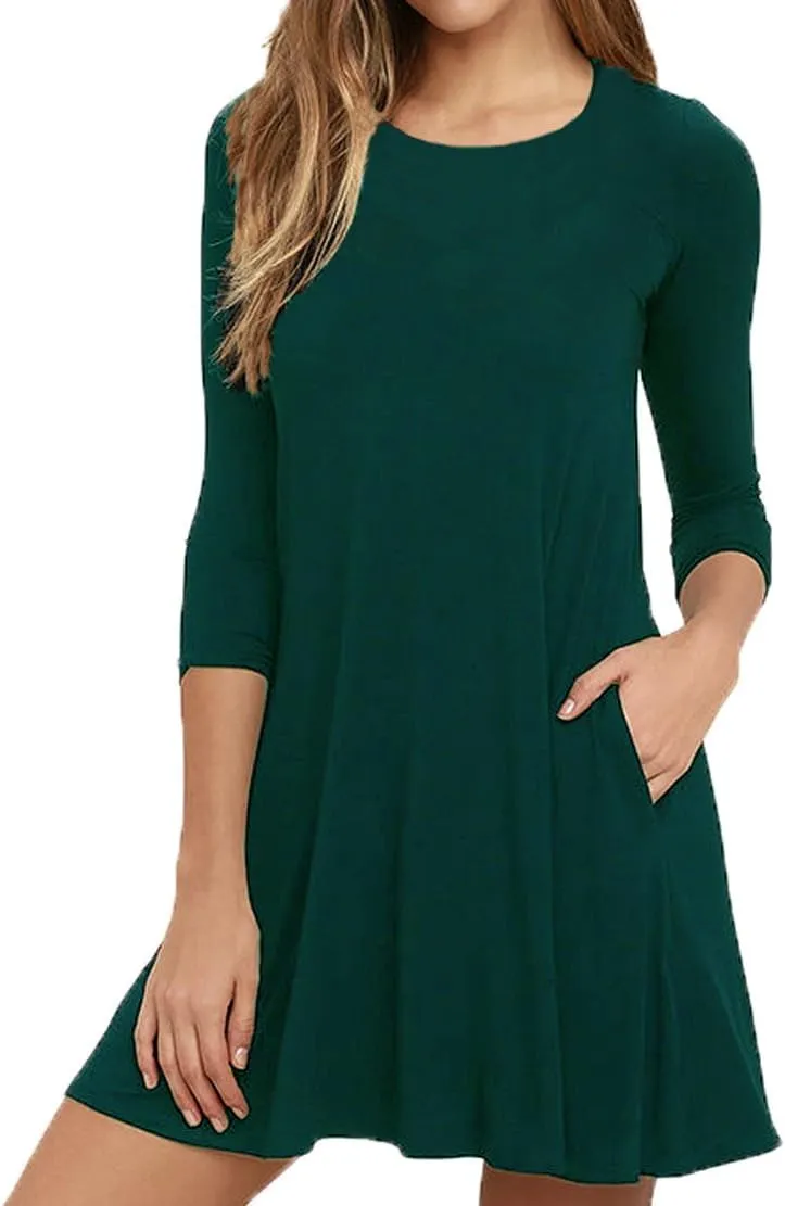VIISHOW Womens Round Neck 3/4 Sleeves A-line Casual Tshirt Dress with Pocket