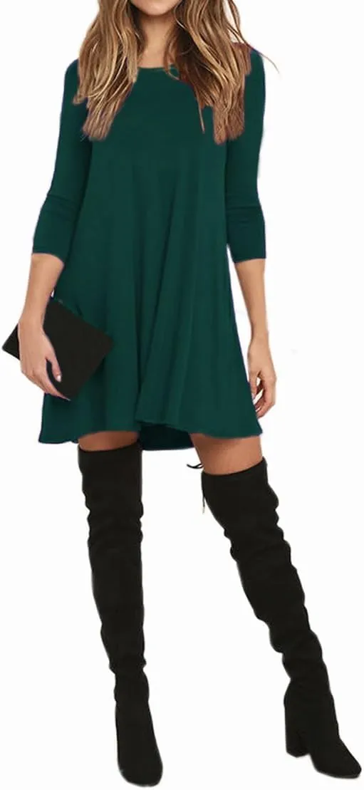 VIISHOW Womens Round Neck 3/4 Sleeves A-line Casual Tshirt Dress with Pocket
