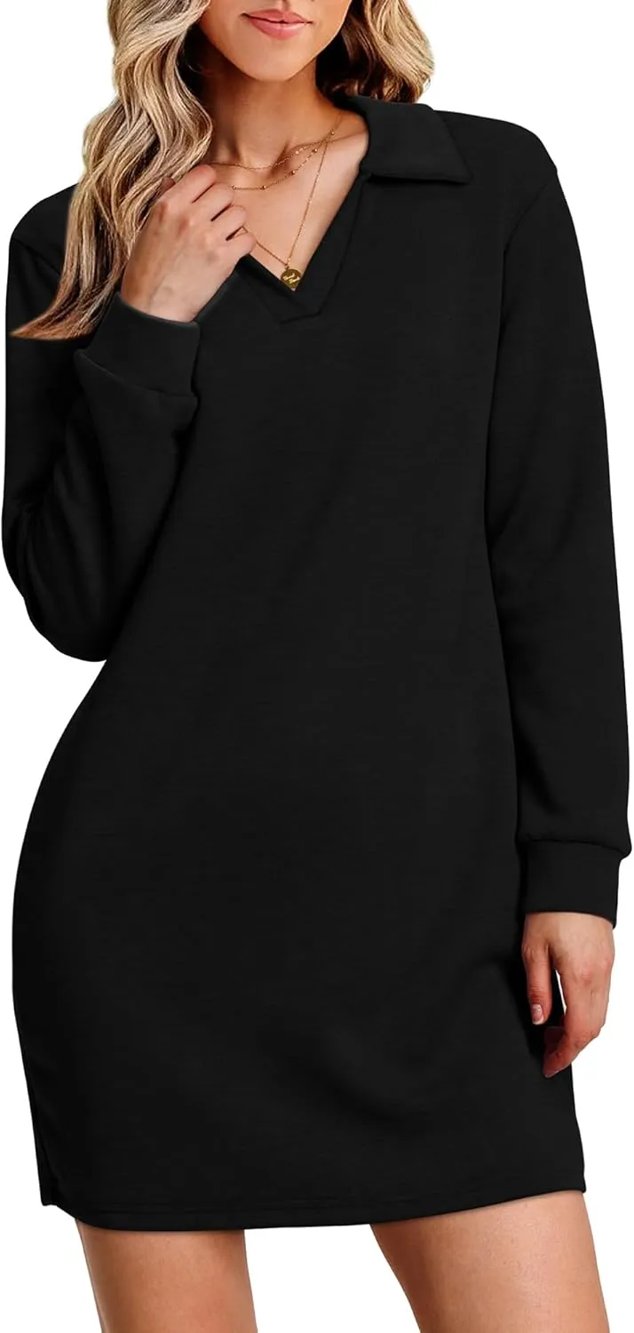 WIHOLL Womens Long Sleeve Lapel Collared V Neck Sweatshirt Dress Loose Fit Solid Color Mini Dresses Fall 2024