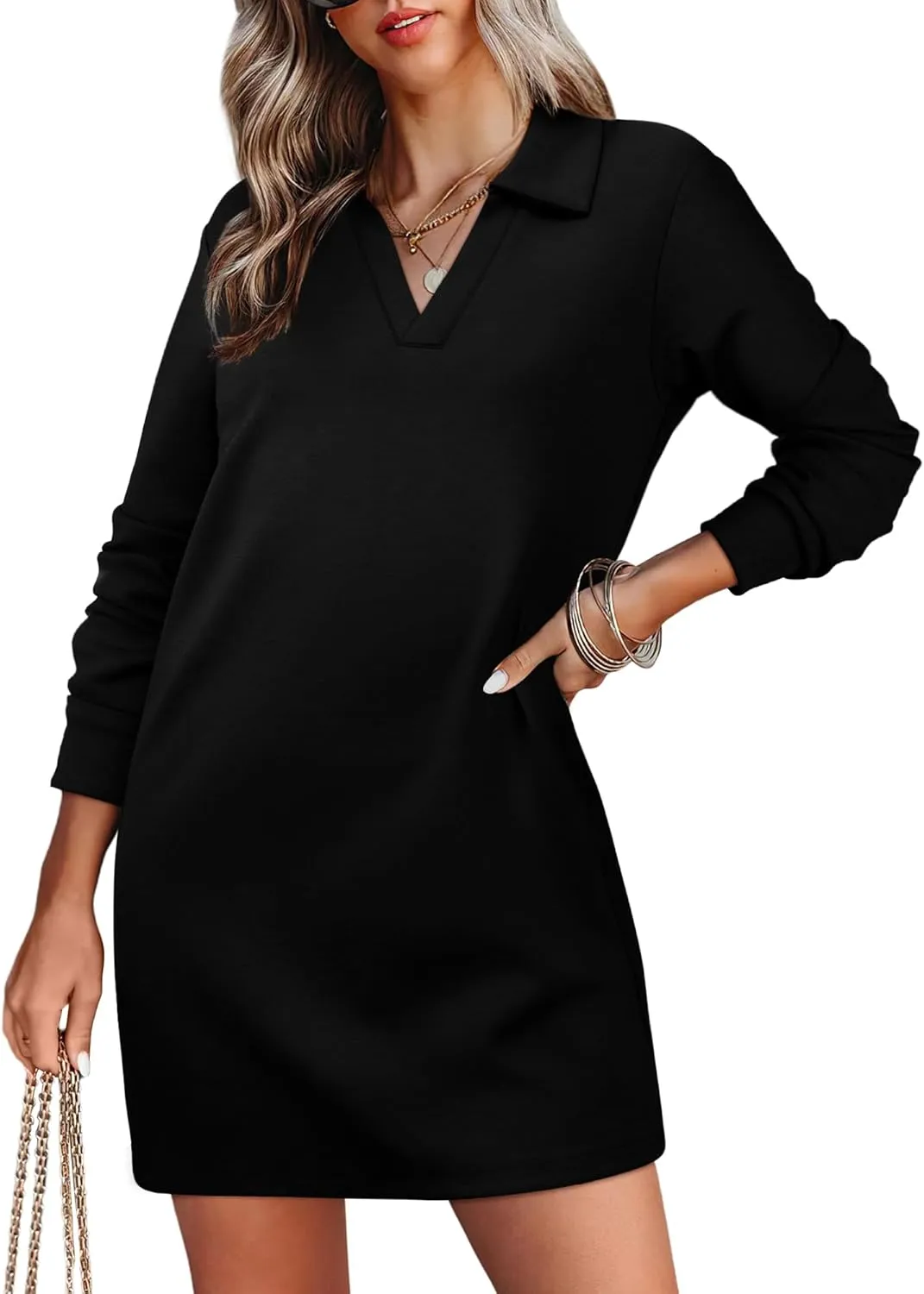 WIHOLL Womens Long Sleeve Lapel Collared V Neck Sweatshirt Dress Loose Fit Solid Color Mini Dresses Fall 2024