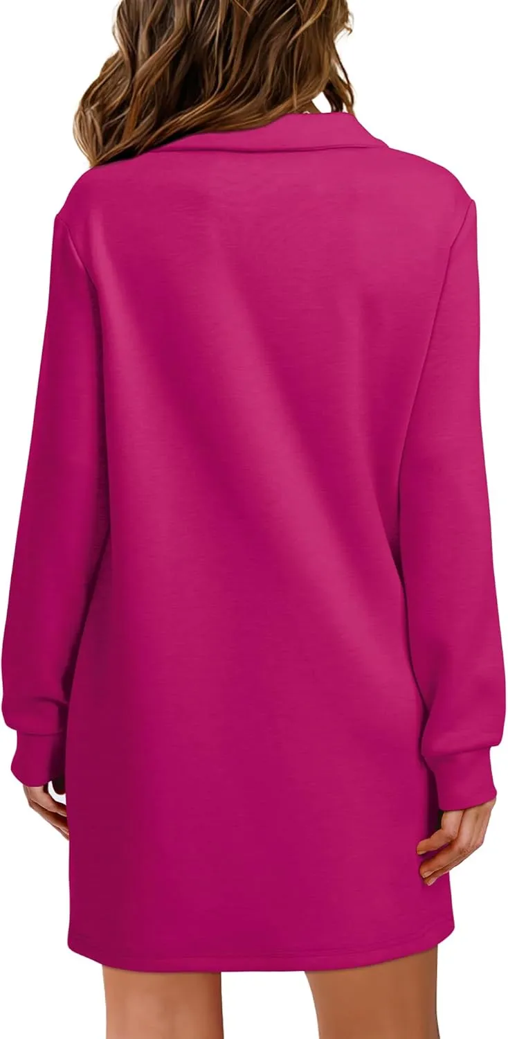 WIHOLL Womens Long Sleeve Lapel Collared V Neck Sweatshirt Dress Loose Fit Solid Color Mini Dresses Fall 2024