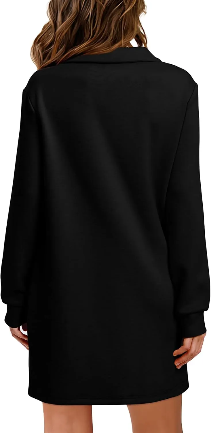 WIHOLL Womens Long Sleeve Lapel Collared V Neck Sweatshirt Dress Loose Fit Solid Color Mini Dresses Fall 2024