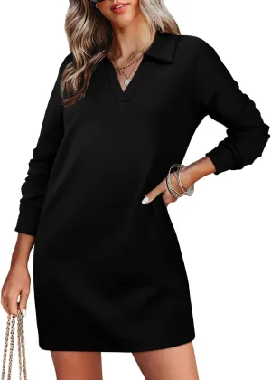 WIHOLL Womens Long Sleeve Lapel Collared V Neck Sweatshirt Dress Loose Fit Solid Color Mini Dresses Fall 2024