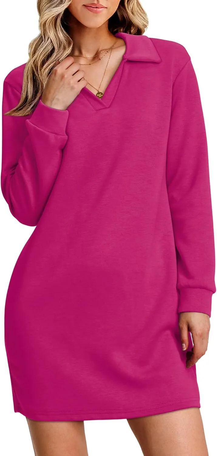WIHOLL Womens Long Sleeve Lapel Collared V Neck Sweatshirt Dress Loose Fit Solid Color Mini Dresses Fall 2024