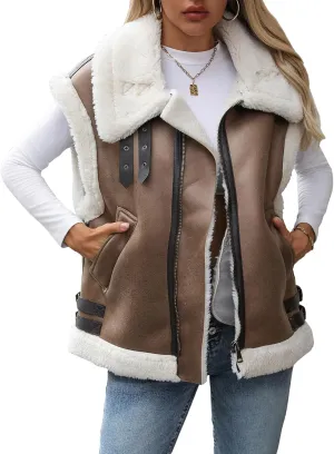 Winter Women's Warm Suede Sherpa Leather Vest Jacket Sleeveless Lambwool Fur Coat