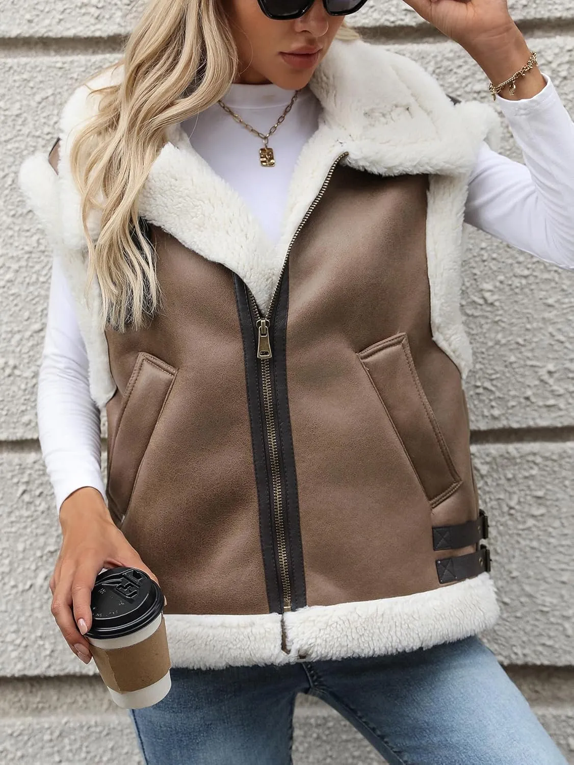 Winter Women's Warm Suede Sherpa Leather Vest Jacket Sleeveless Lambwool Fur Coat