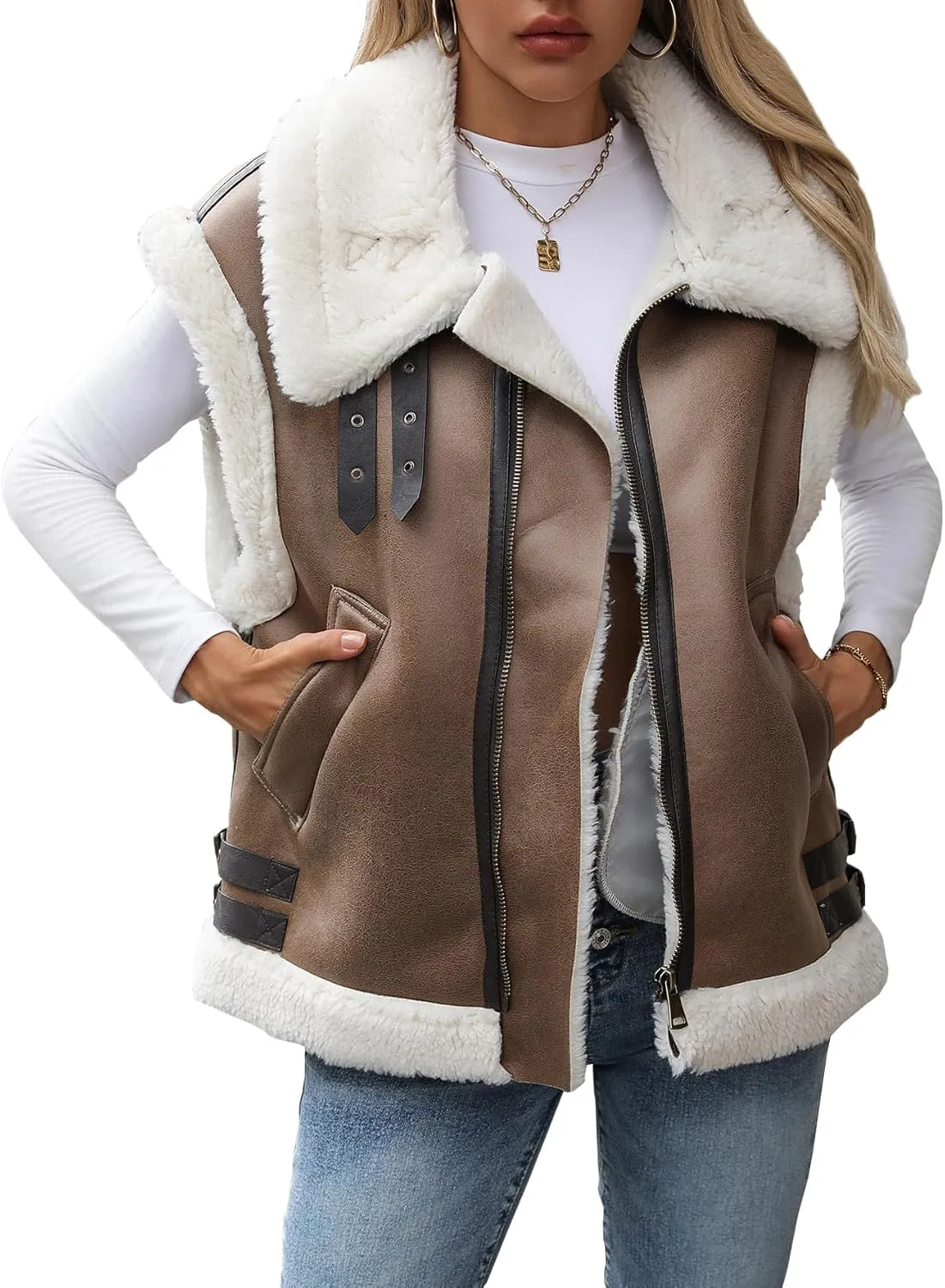 Winter Women's Warm Suede Sherpa Leather Vest Jacket Sleeveless Lambwool Fur Coat