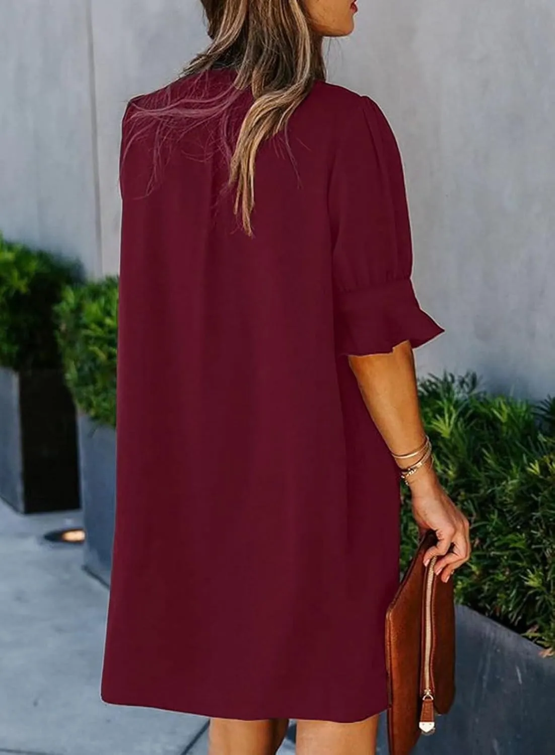 Wkior Shift Dress for Women V Neck Short Sleeves Solid Color Casual Flowy Summer Dresses(S-2XL)