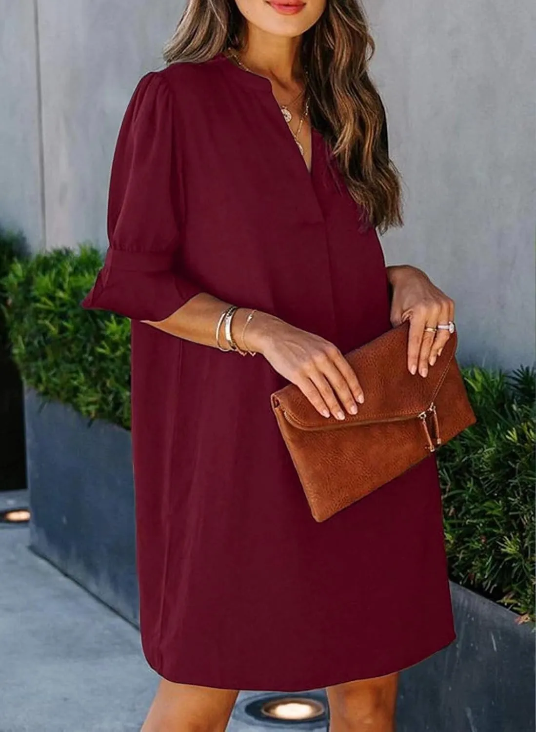 Wkior Shift Dress for Women V Neck Short Sleeves Solid Color Casual Flowy Summer Dresses(S-2XL)