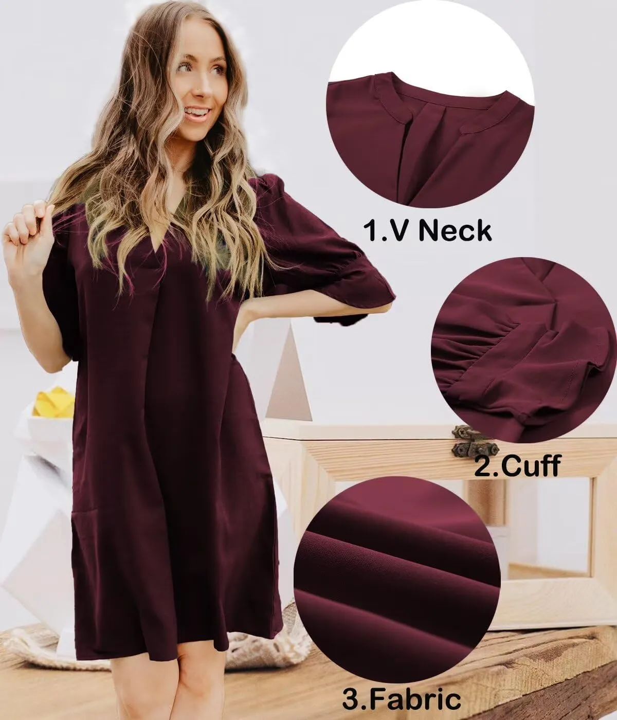 Wkior Shift Dress for Women V Neck Short Sleeves Solid Color Casual Flowy Summer Dresses(S-2XL)