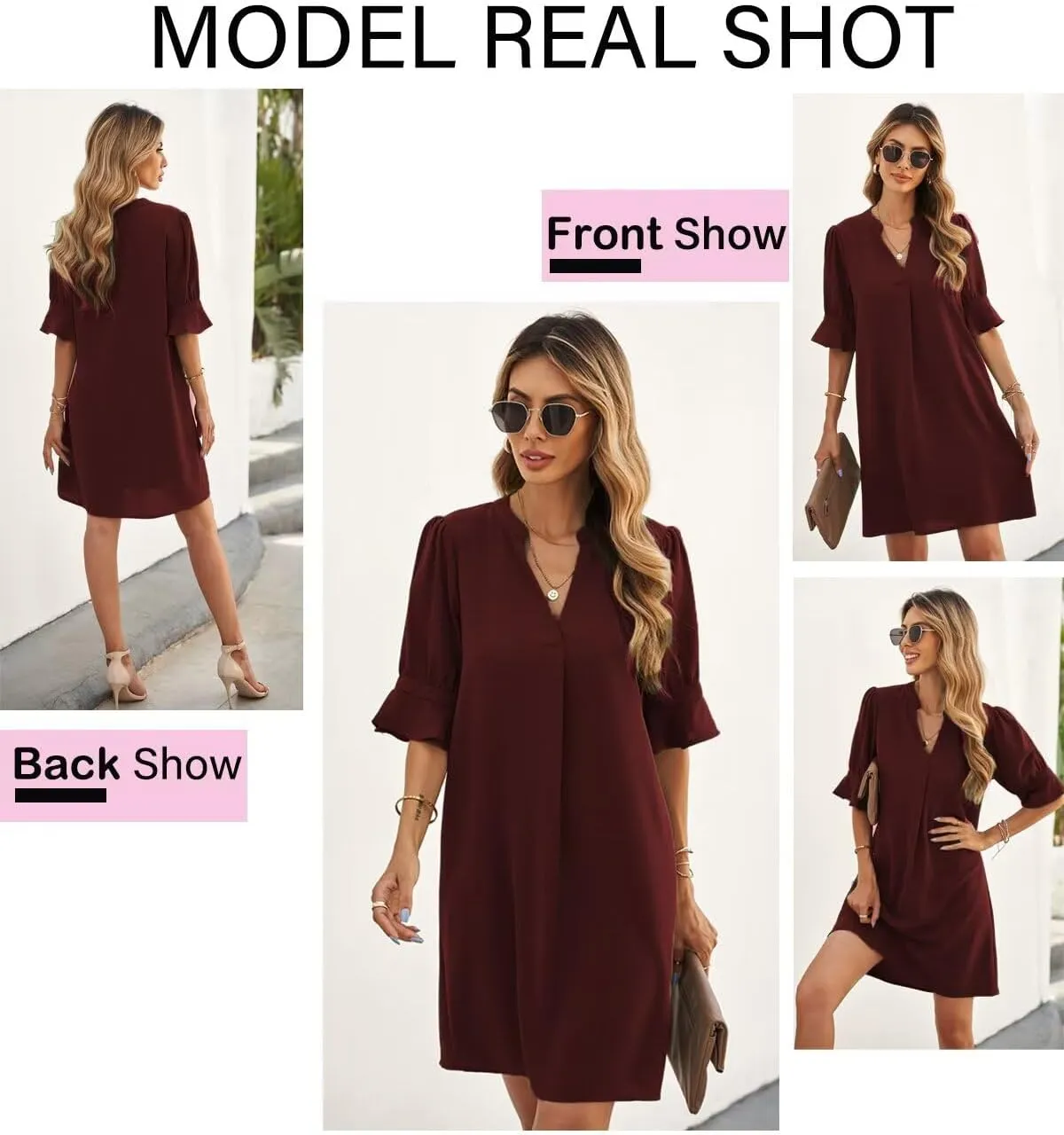 Wkior Shift Dress for Women V Neck Short Sleeves Solid Color Casual Flowy Summer Dresses(S-2XL)