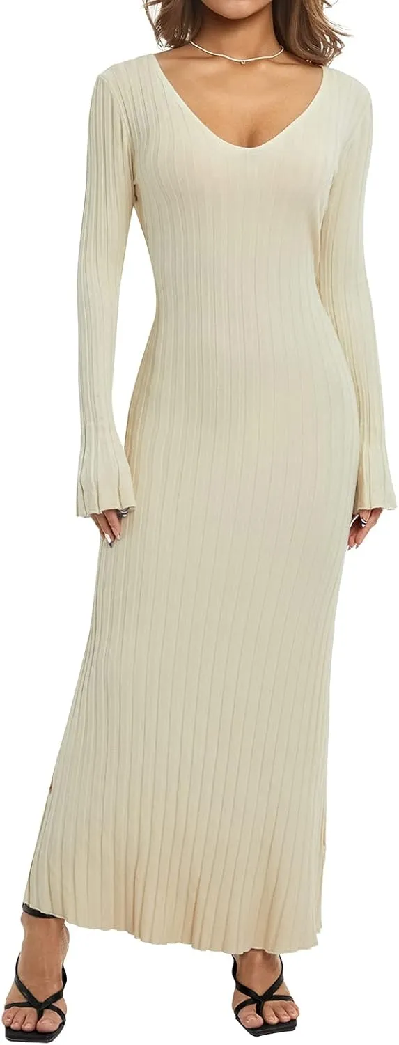 Women Ribbed Knit Maxi Dress Long Sleeve V Neck Slim Fit Bodycon Pencil Maxi Dress Party Clubwear Dresses