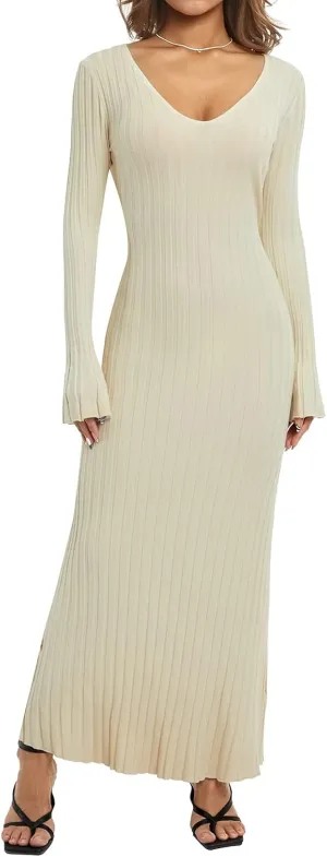 Women Ribbed Knit Maxi Dress Long Sleeve V Neck Slim Fit Bodycon Pencil Maxi Dress Party Clubwear Dresses