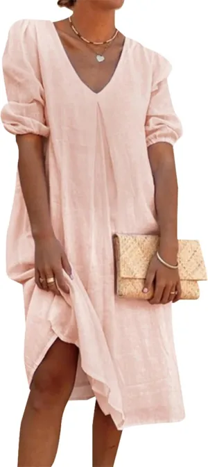 Womens Linen Dress V Neck Puff Sleeve Maxi Solid Color Casual Loose Vacation Summer Beach Midi Dresses