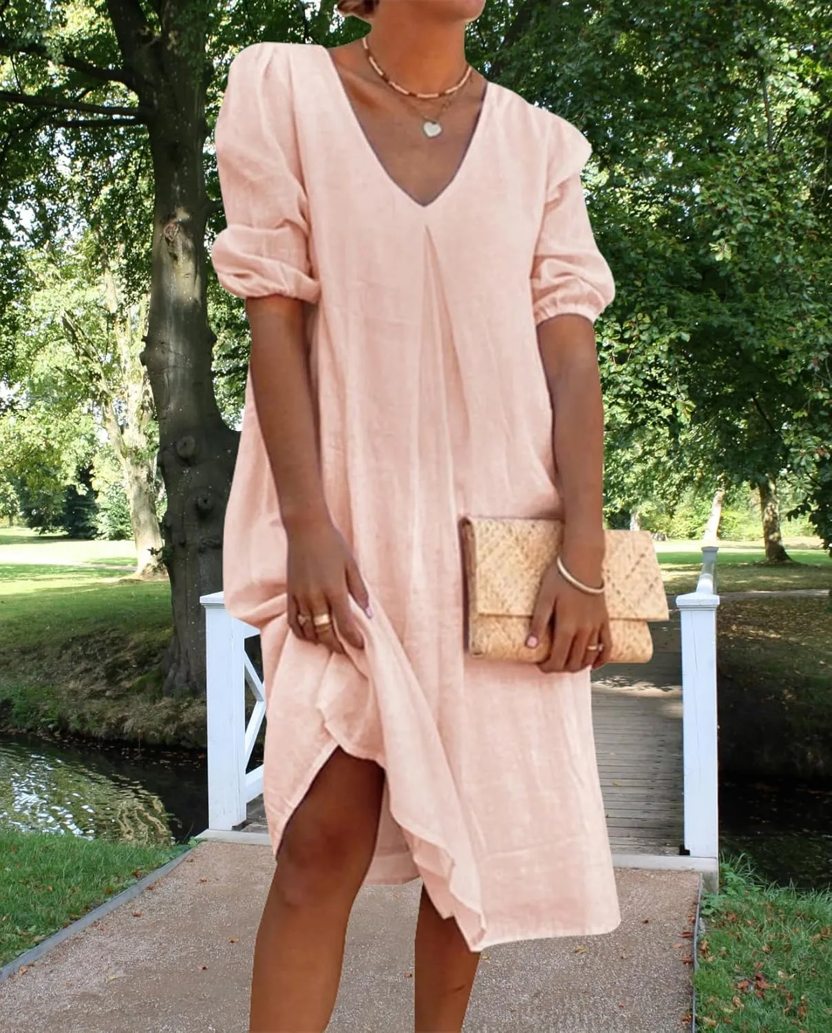Womens Linen Dress V Neck Puff Sleeve Maxi Solid Color Casual Loose Vacation Summer Beach Midi Dresses