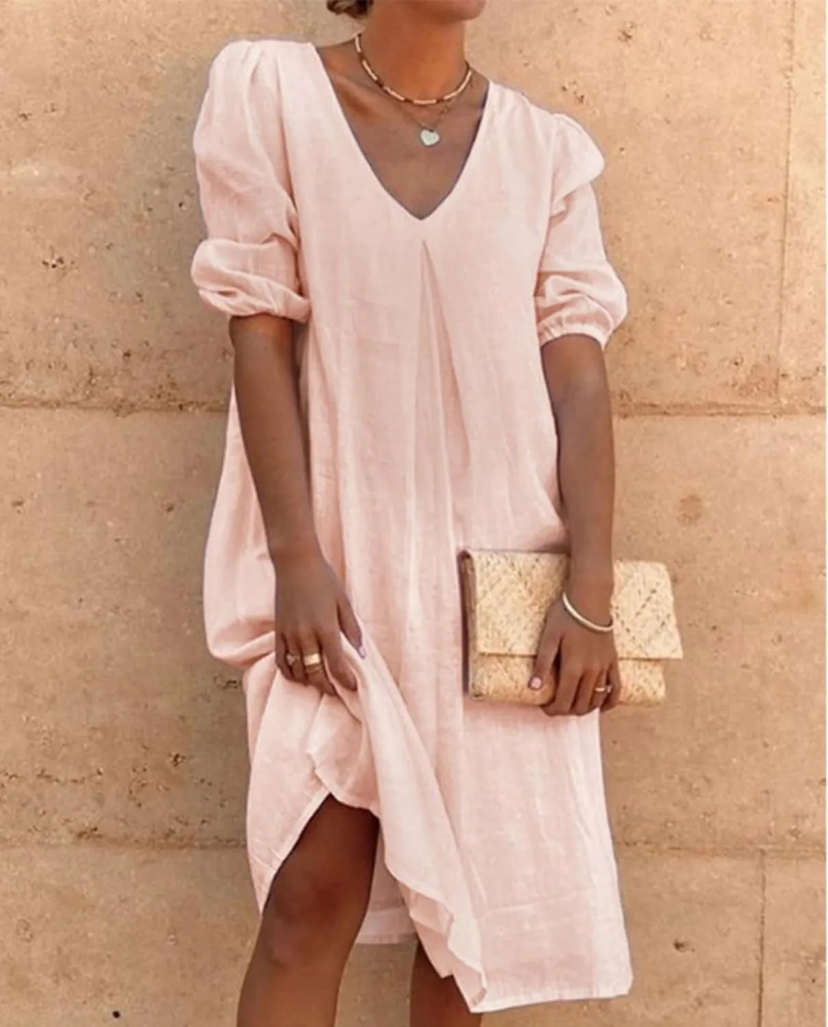 Womens Linen Dress V Neck Puff Sleeve Maxi Solid Color Casual Loose Vacation Summer Beach Midi Dresses