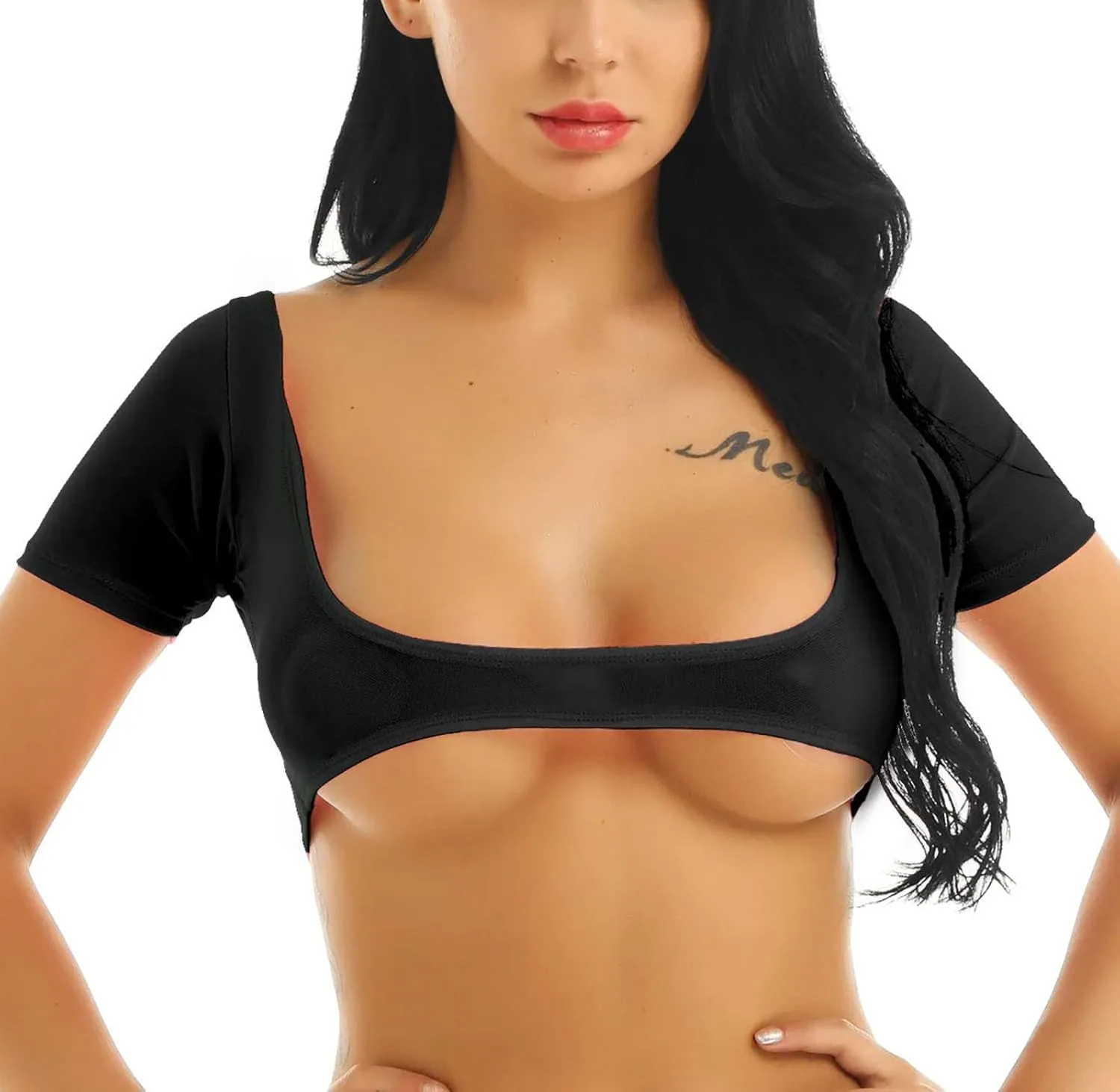Women's Mesh Open Bust Short Sleeve Belly Dance Crop Top
