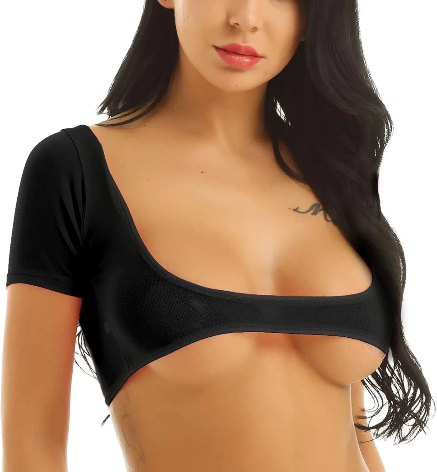 Women's Mesh Open Bust Short Sleeve Belly Dance Crop Top