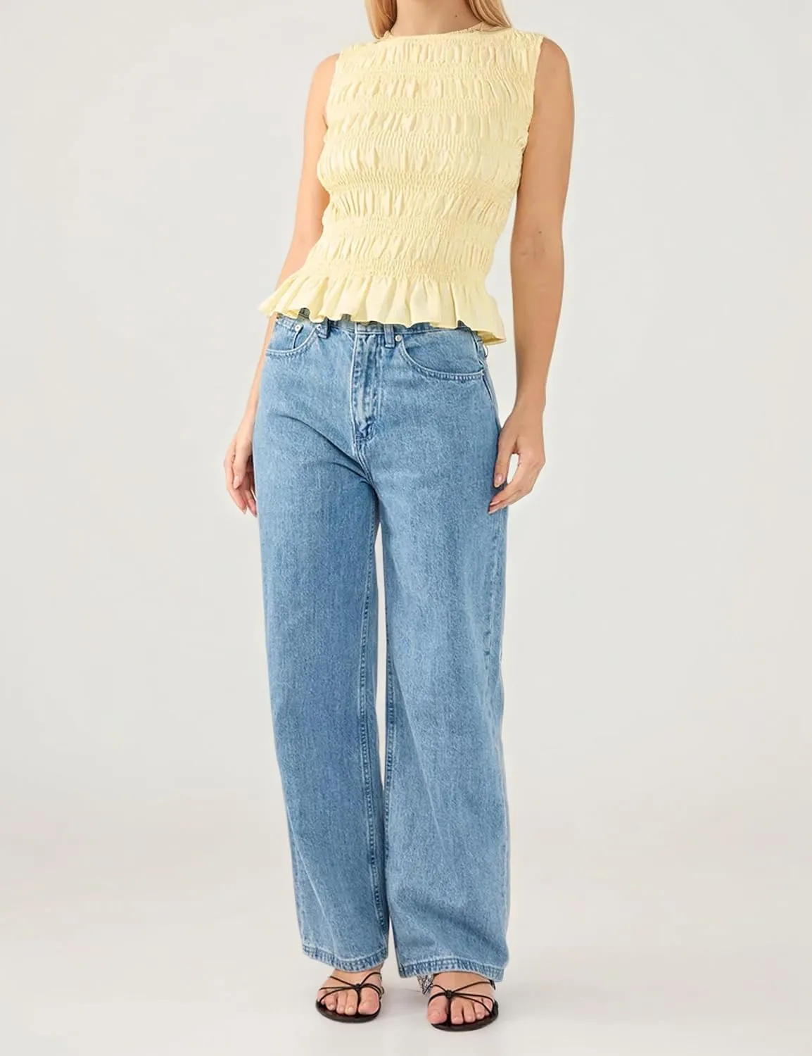 Womens Smocked Shirred Ruffle Top Summer Sleeveless Tiered Ruched Pleated Shirts Peplum Hem Going Out Crop Tee Y2K