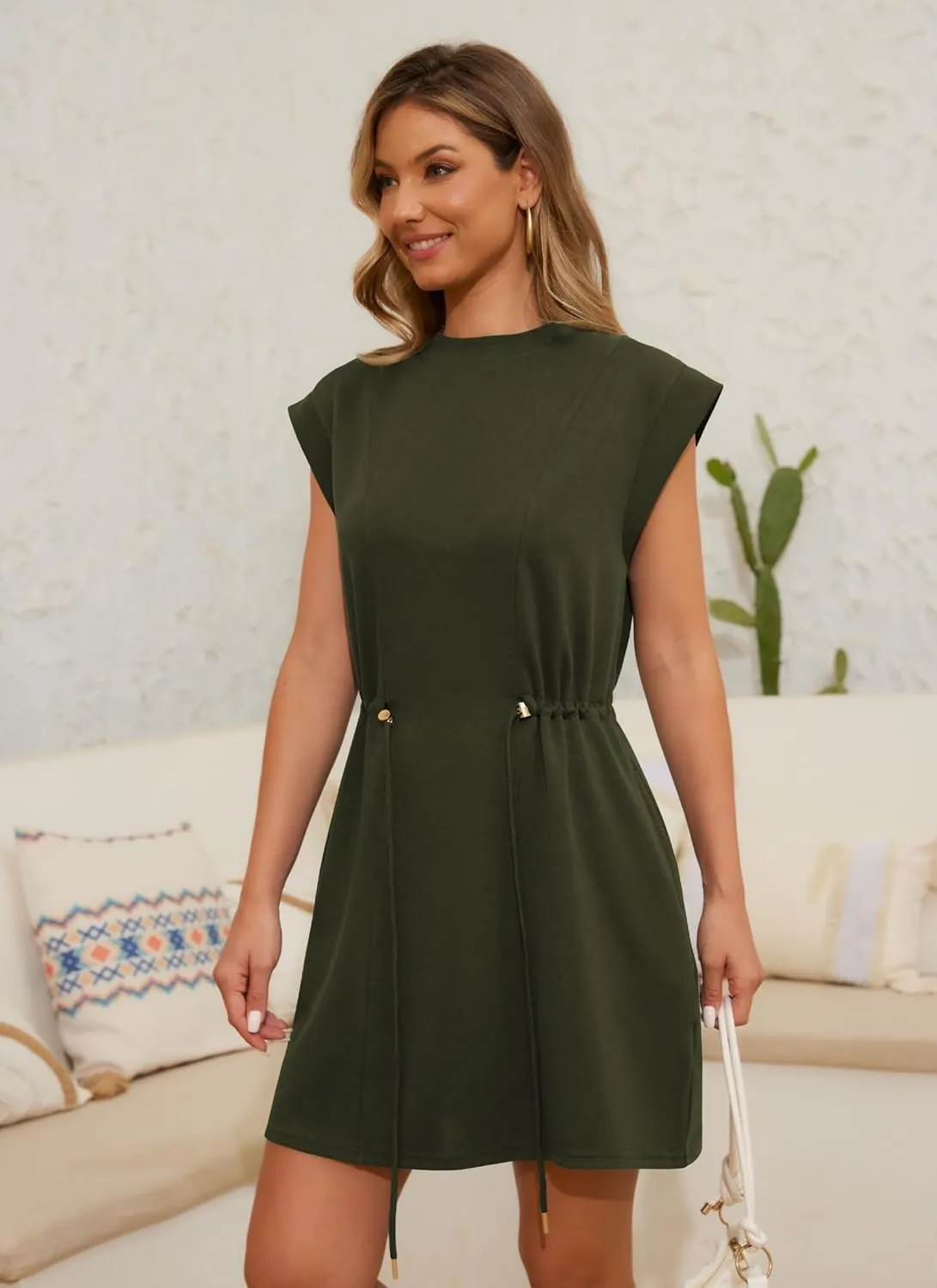 Womens Summer Dresses Cap Sleeve Crew Neck Casual Loose T Shirt Dress Drawstring Waist Dress with Pockets