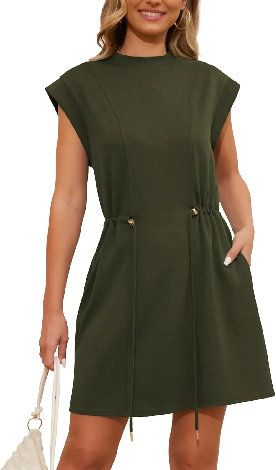 Womens Summer Dresses Cap Sleeve Crew Neck Casual Loose T Shirt Dress Drawstring Waist Dress with Pockets