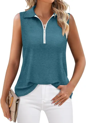Womens Tank Tops Zipper V Neck Sleeveless Tops Dressy Casual Summer Tops Polo Shirts