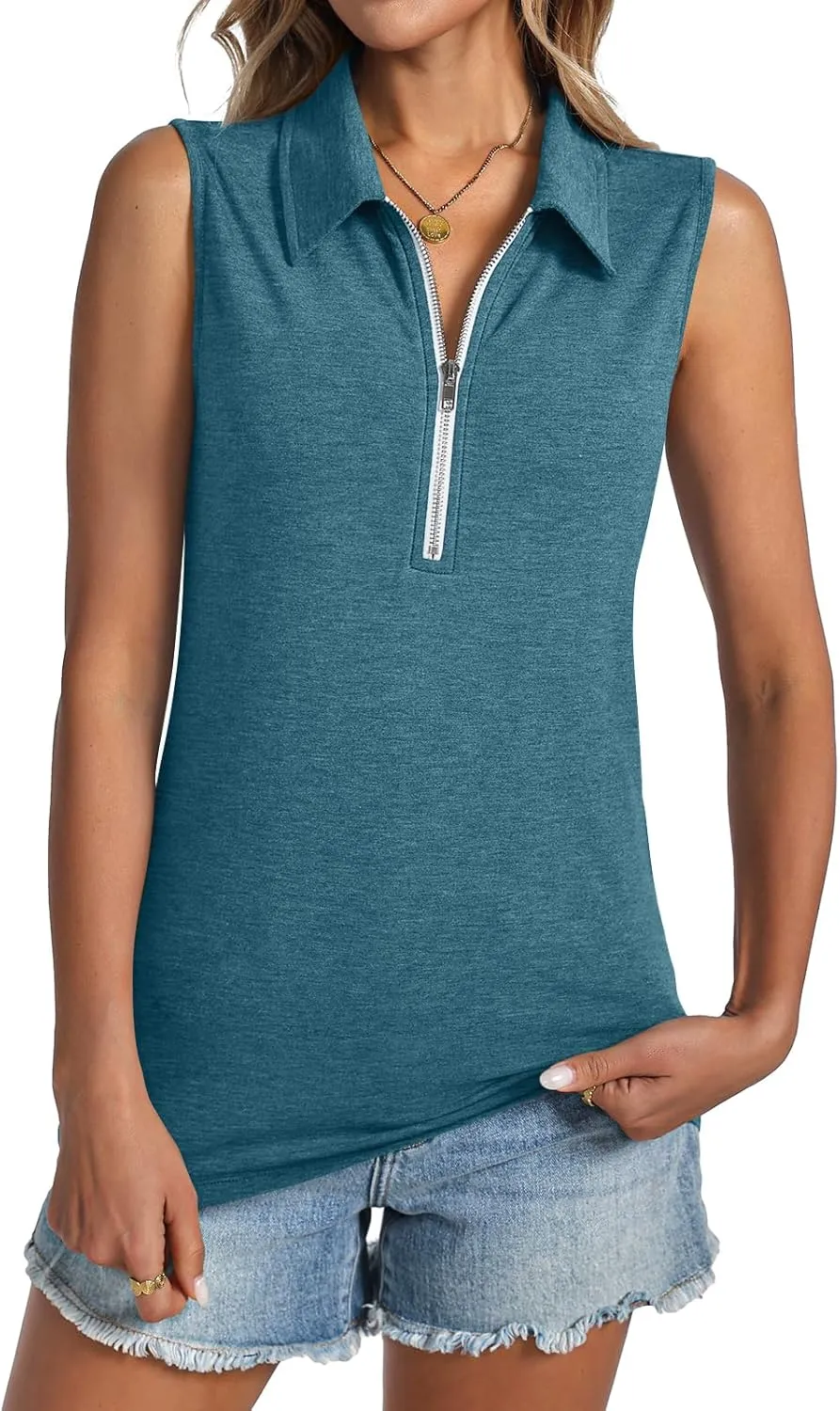Womens Tank Tops Zipper V Neck Sleeveless Tops Dressy Casual Summer Tops Polo Shirts