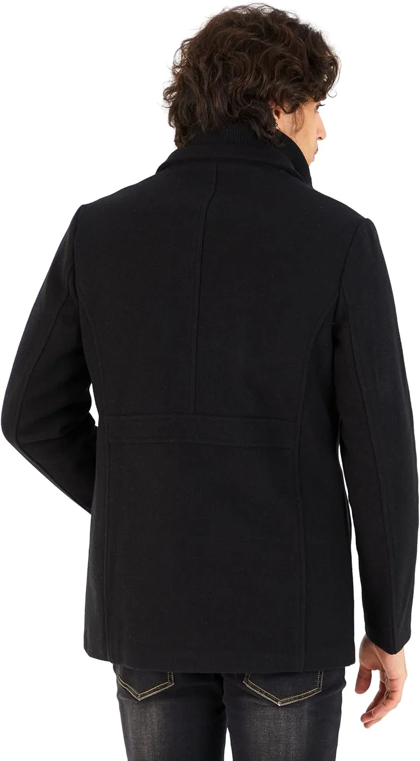 WULFUL Mens Wool Blend Winter Coat Slim Fit Short Trenchcoat Warm Business Jacket with Detachable Soft Wool Scarf