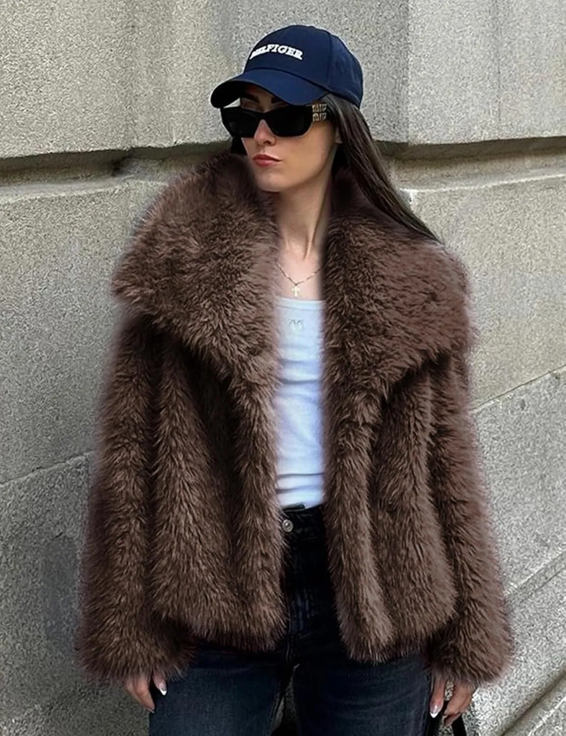 Yimoon Womens Faux Fur Coat Lapel Open Front Fluffy Shaggy Jacket Winter Warm Furry Overcoat