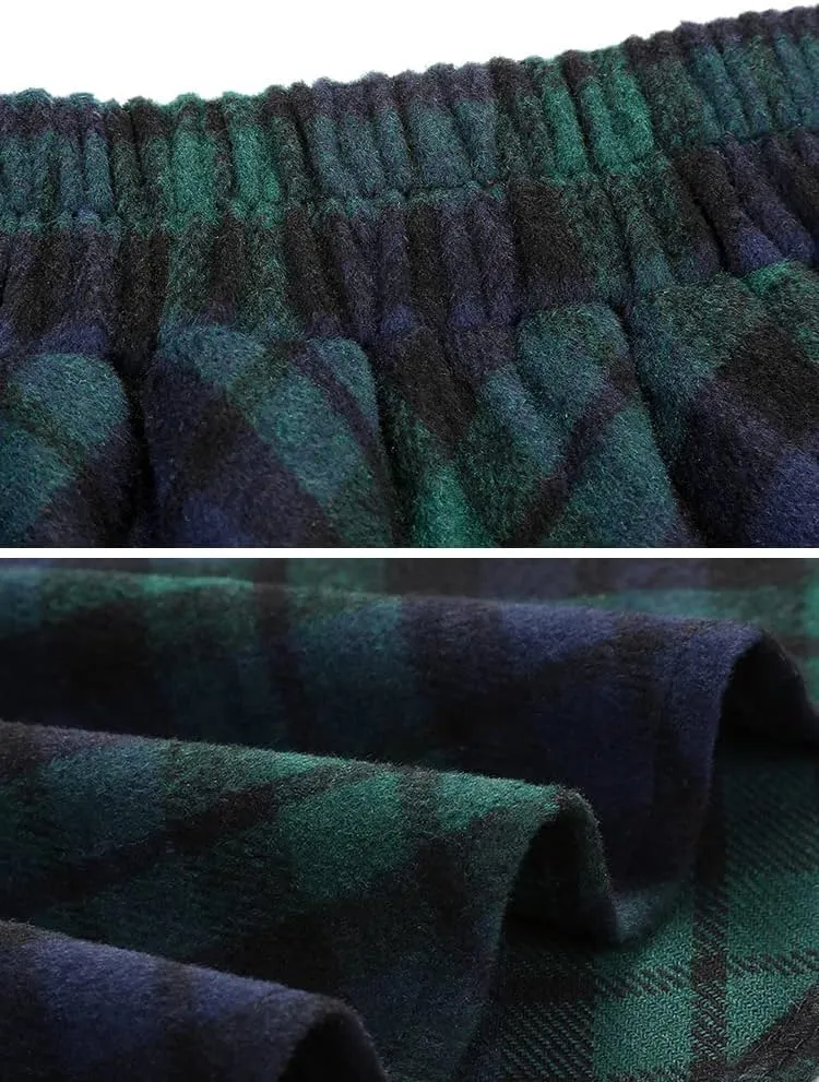 Ylingjun Long Plaid Wool Skirt for Womens Winter Fall High Elastic Waist A Line Flared Pleated Wool Skirts
