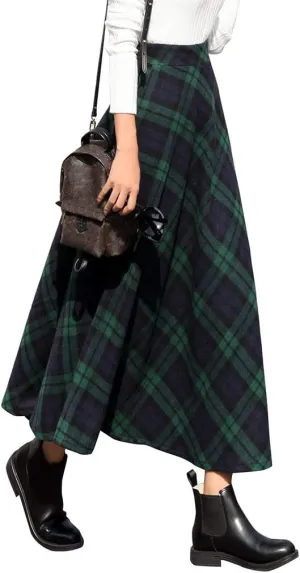 Ylingjun Long Plaid Wool Skirt for Womens Winter Fall High Elastic Waist A Line Flared Pleated Wool Skirts