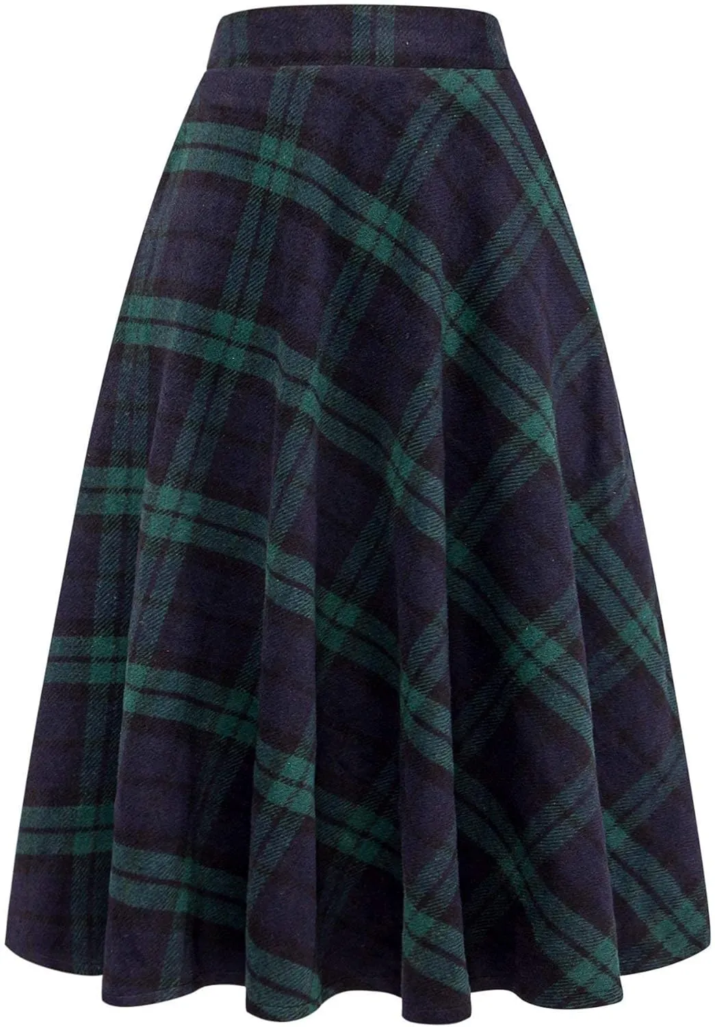 Ylingjun Long Plaid Wool Skirt for Womens Winter Fall High Elastic Waist A Line Flared Pleated Wool Skirts