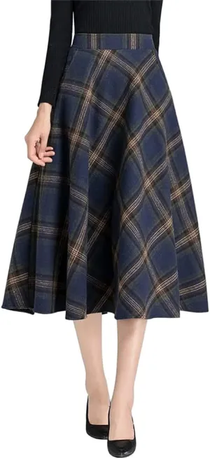 Ylingjun Long Plaid Wool Skirt for Womens Winter Fall High Elastic Waist A Line Flared Pleated Wool Skirts