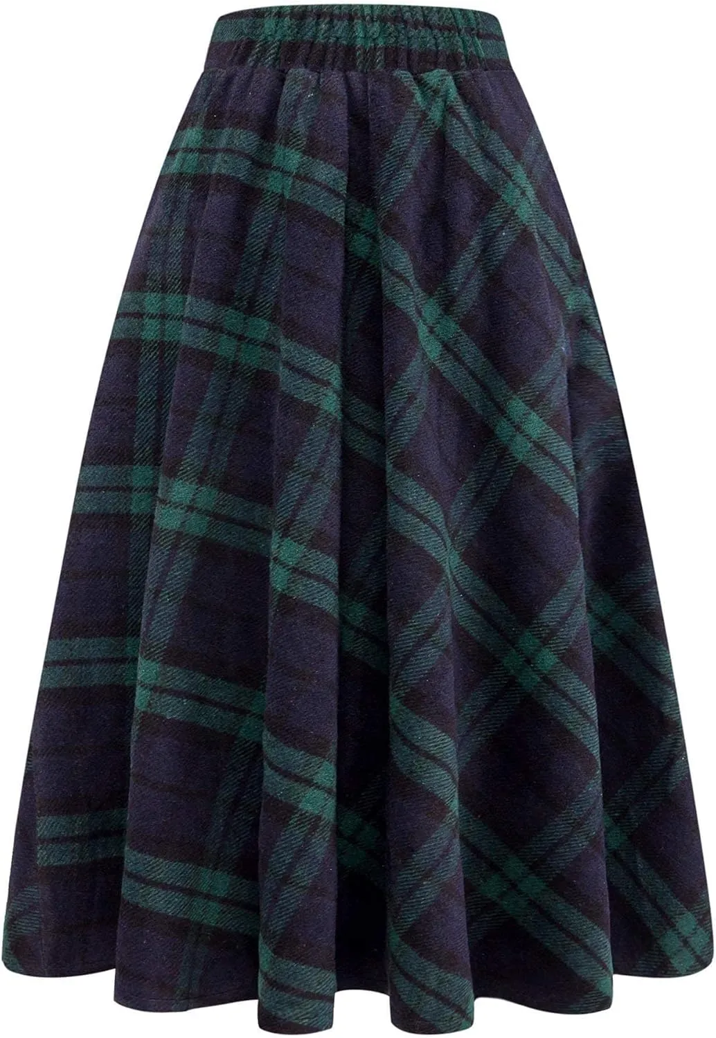 Ylingjun Long Plaid Wool Skirt for Womens Winter Fall High Elastic Waist A Line Flared Pleated Wool Skirts