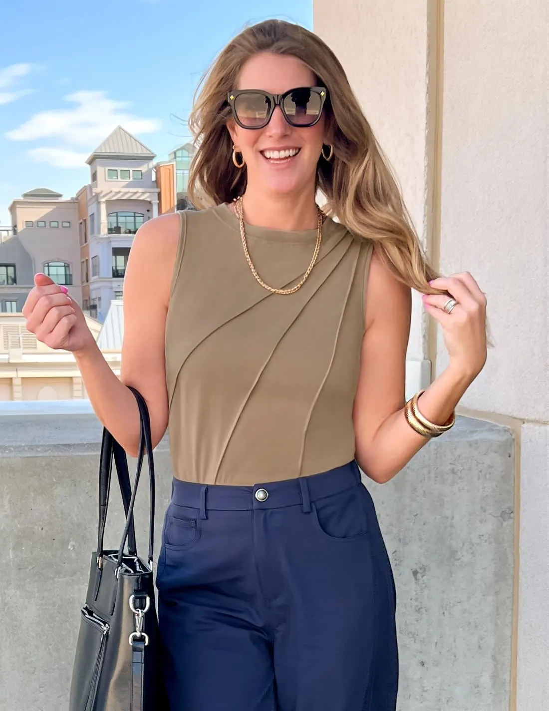 ZESICA Women's Summer Pleated Tank Top Sleeveless Crewneck Business Casual Loose Tops Shirts 2025 Fashion Clothes Outfits